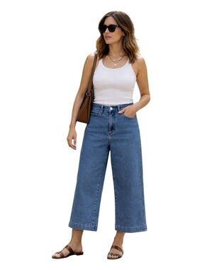 OAT NEW YORK High-Rise Wide-Leg Crop Jeans Medium Wash Stretchy 28 NWT MSRP $99